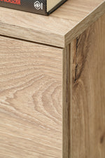 Wood media wall unit corner with drawer pull track detail