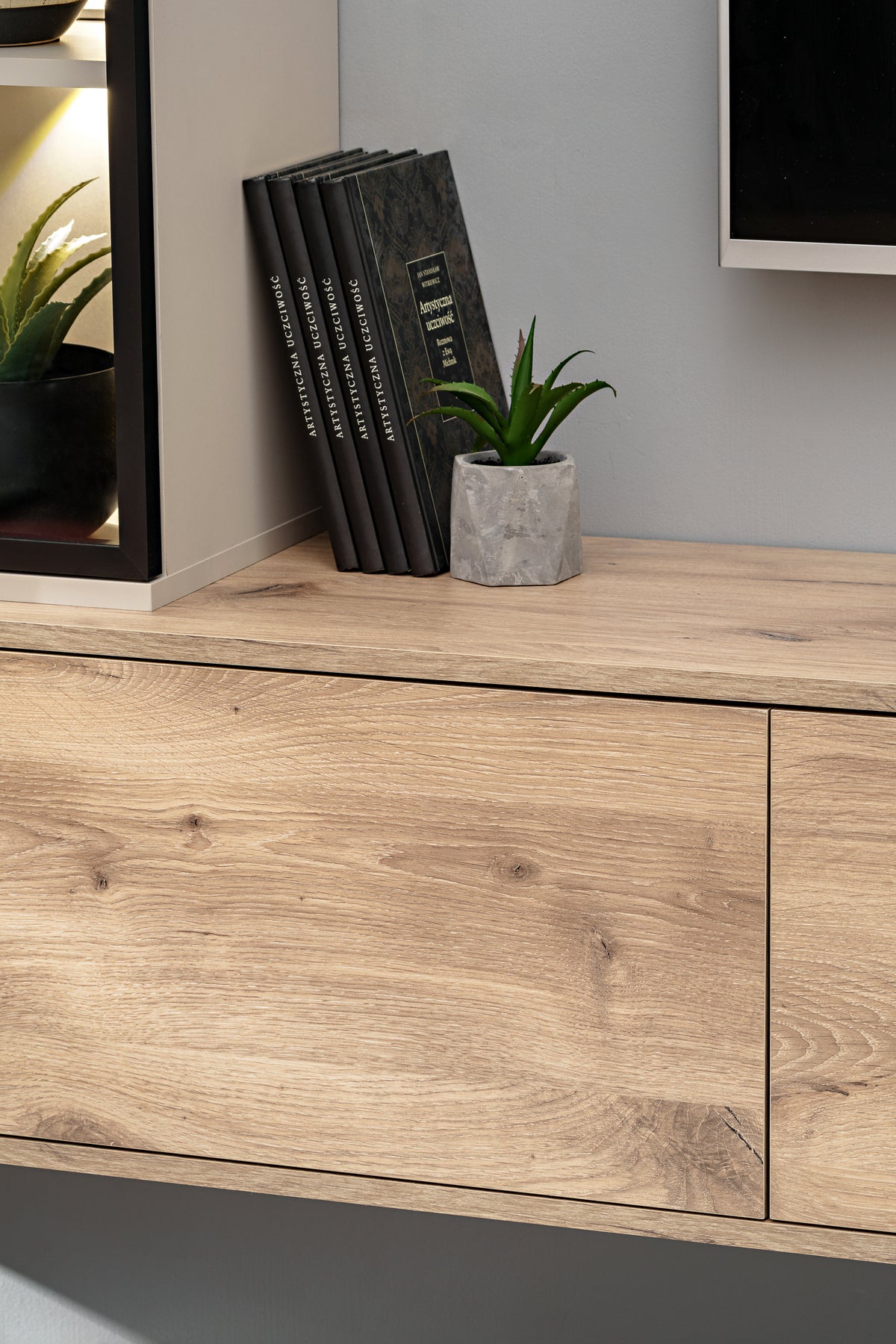 Wood media wall drawer unit with two doors and books on display shelf