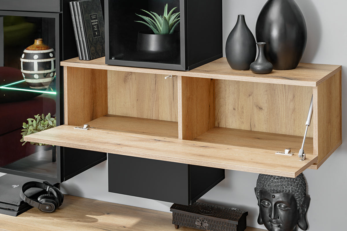 Wall-mounted cabinet with light wood top shelf and open cubby, black inner back panel