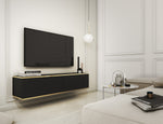 Black two-door TV cabinet with gold trim, set beneath a flat-screen TV