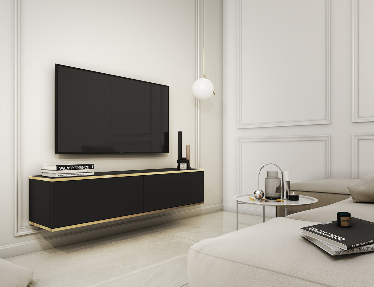 Black two-door TV cabinet with gold trim, set beneath a flat-screen TV