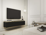 Black TV cabinet with ribbed double doors and gold trim, low console