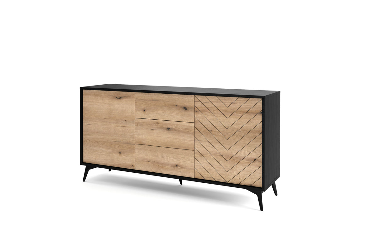 Light oak-effect sideboard with black top, three drawers, and chevron-pattern door