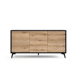 Light oak-effect sideboard with black top, three drawers, and right chevron-pattern door
