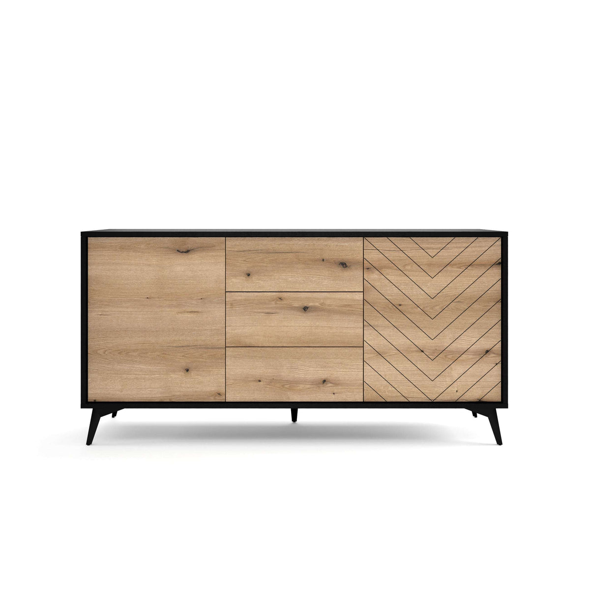 Light oak-effect sideboard with black top, three drawers, and right chevron-pattern door