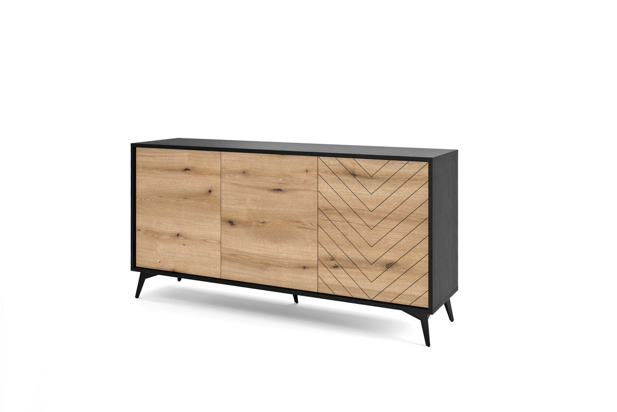 Modern 3-door sideboard with oak-effect doors, black base, and zigzag patterned front section.