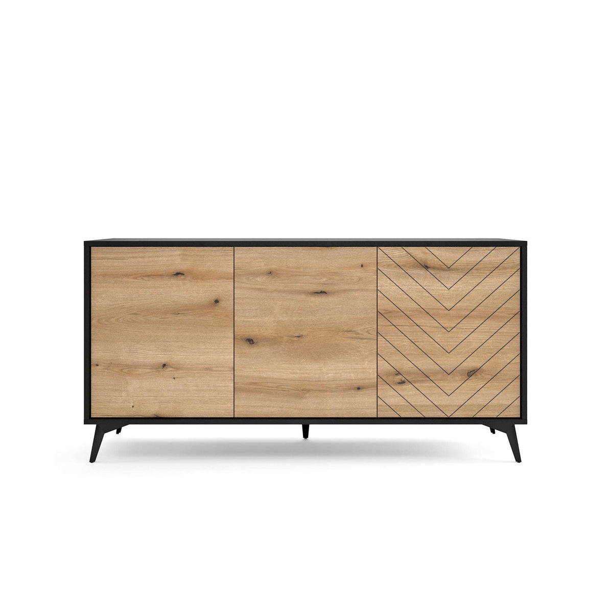 Three-door sideboard in oak-effect wood look with black trim and zigzag patterned right doors.