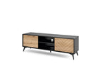 Modern TV cabinet with light wood chevron door, left drawer, and open center compartment.