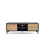 TV cabinet with black top, left drawer, open middle shelf with ball handle, and chevron door.