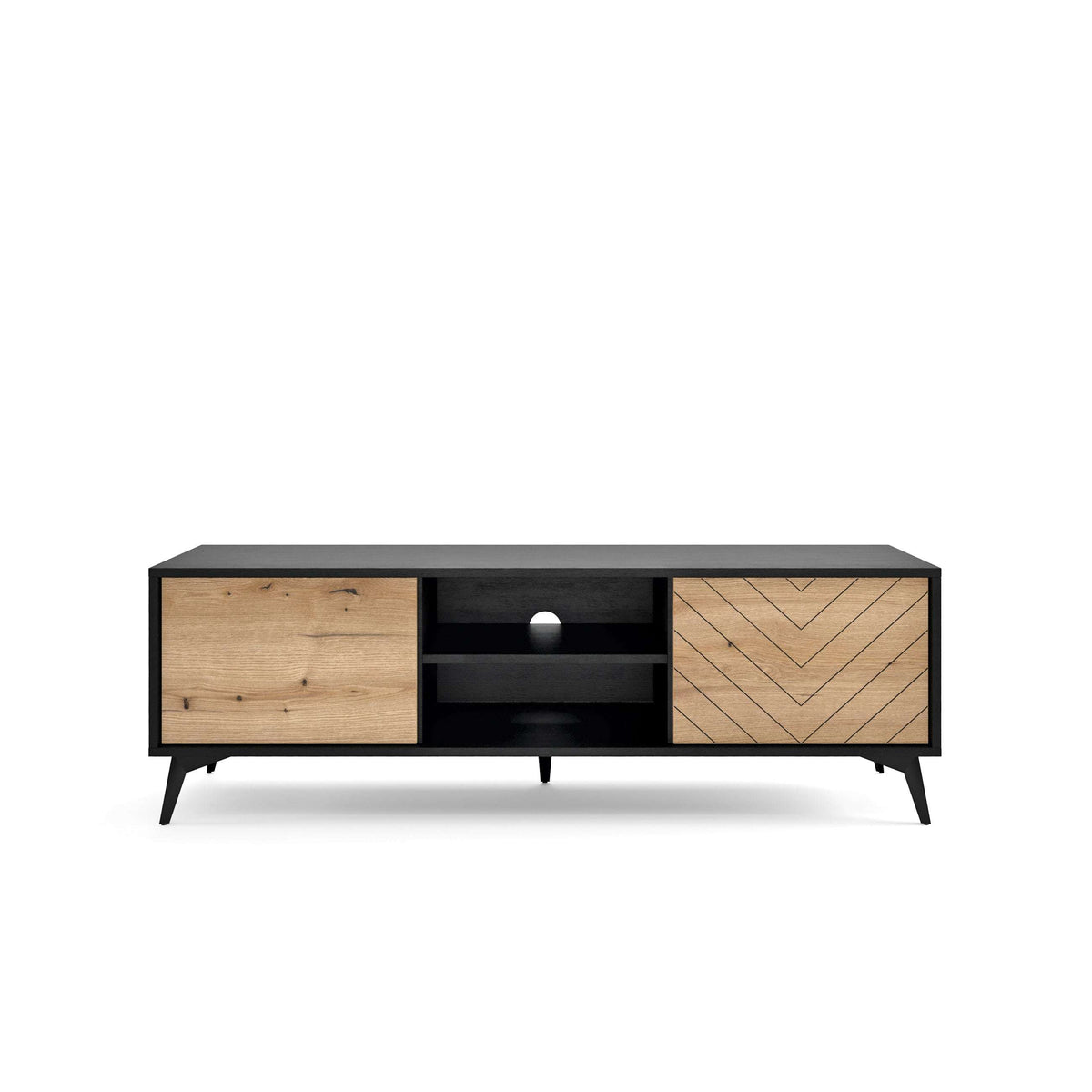 TV cabinet with black top, left drawer, open middle shelf with ball handle, and chevron door.