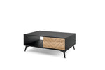 Black coffee table with open left shelf, chevron drawer, and angled legs