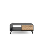 Coffee table with open shelf and wood chevron drawer, black top and tapered legs