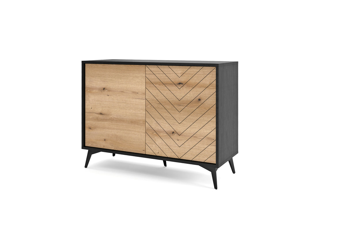 2-door sideboard cabinet with light wood doors and dark frame, chevron pattern