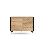 2-door sideboard cabinet with light wood left door and patterned right door, dark frame
