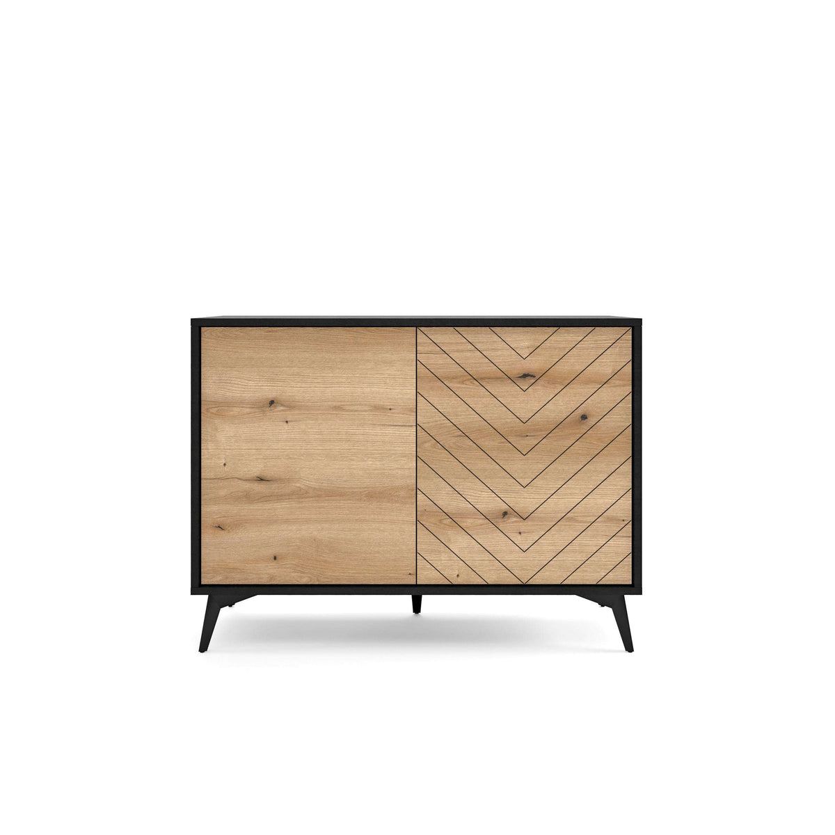 2-door sideboard cabinet with light wood left door and patterned right door, dark frame
