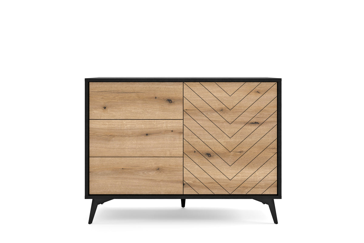 Wood sideboard with black frame, 3 drawers and chevron-pattern cabinet door