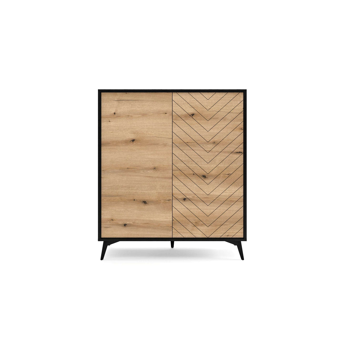 Hamilton highboard, 103 cm; front view, light wood left door, chevron right, black legs