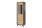 Display cabinet with upper glass door, wood shelves, and dark frame front