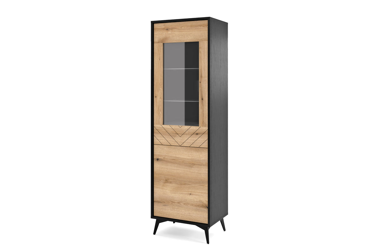 Display cabinet with upper glass door, wood shelves, and dark frame front