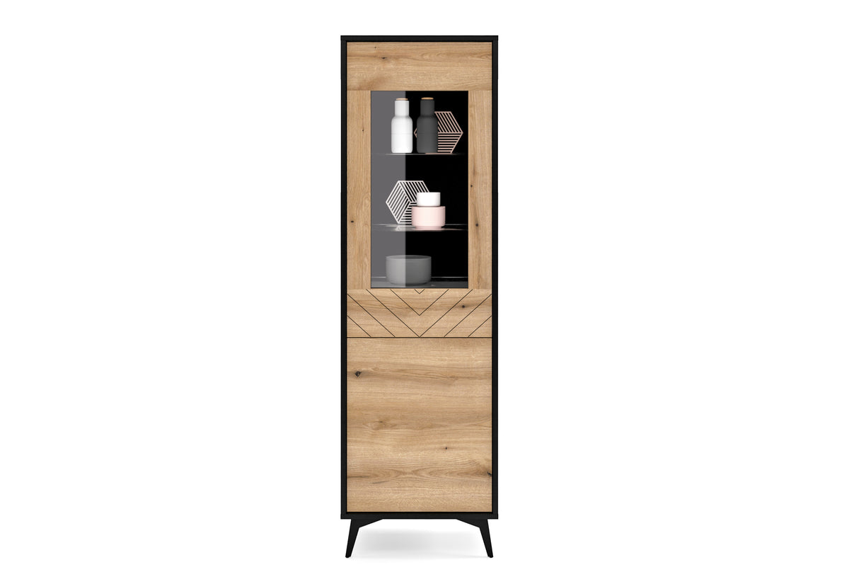 Display cabinet with upper glass door and wood shelves, showing bottles inside
