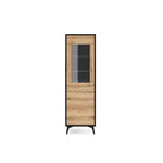 Tall display cabinet with dark frame, upper glass door, wood shelf, open lower storage