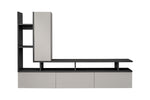 Media wall unit with open vertical cabinet and dark top shelf over drawers