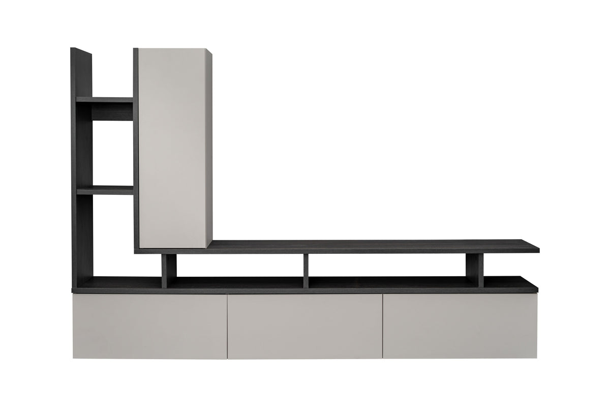 Media wall unit with open vertical cabinet and dark top shelf over drawers