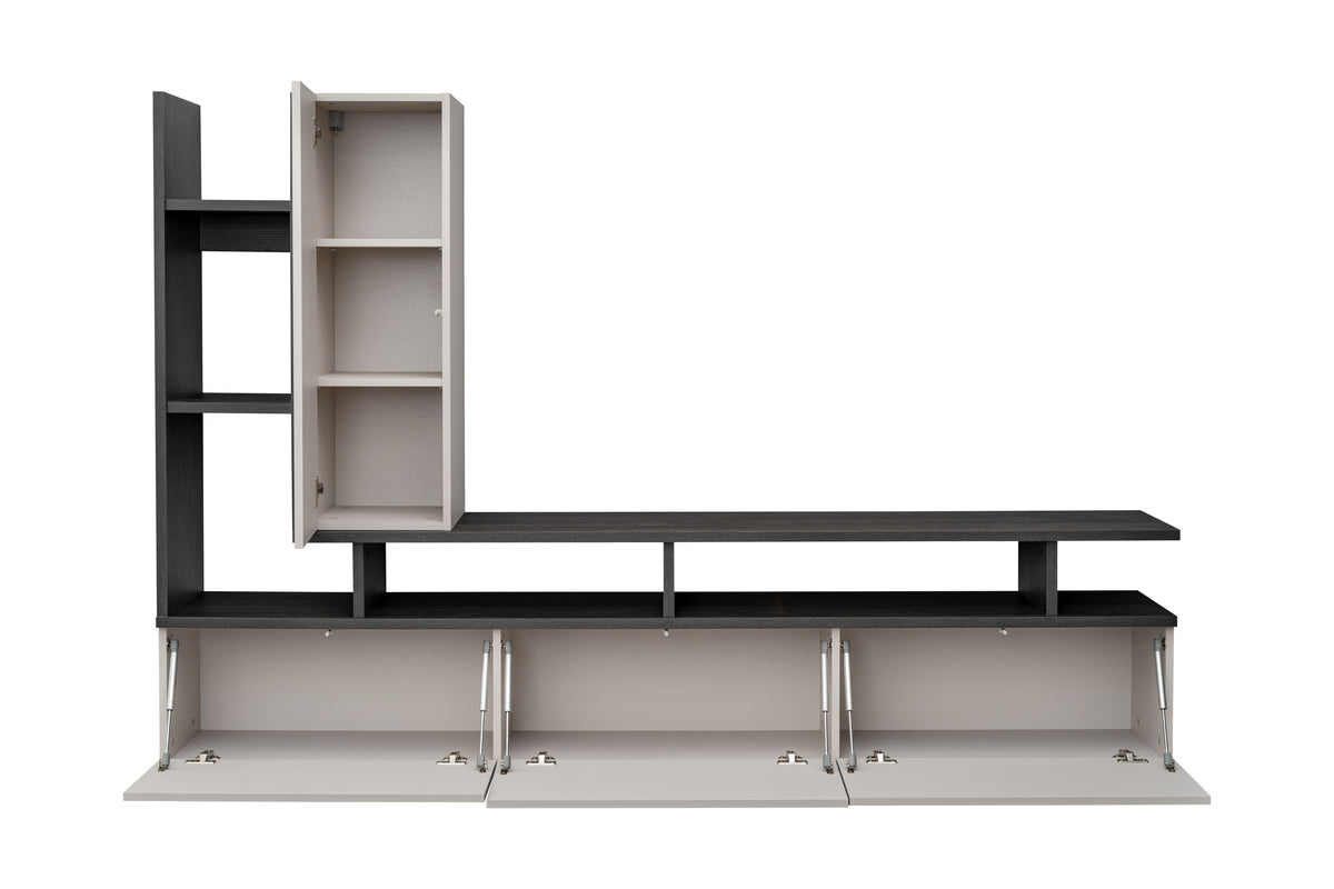 Media wall unit with open cabinet doors showing internal shelves and raised base