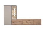 Wall-mounted media unit with open glass cabinet and long media drawer
