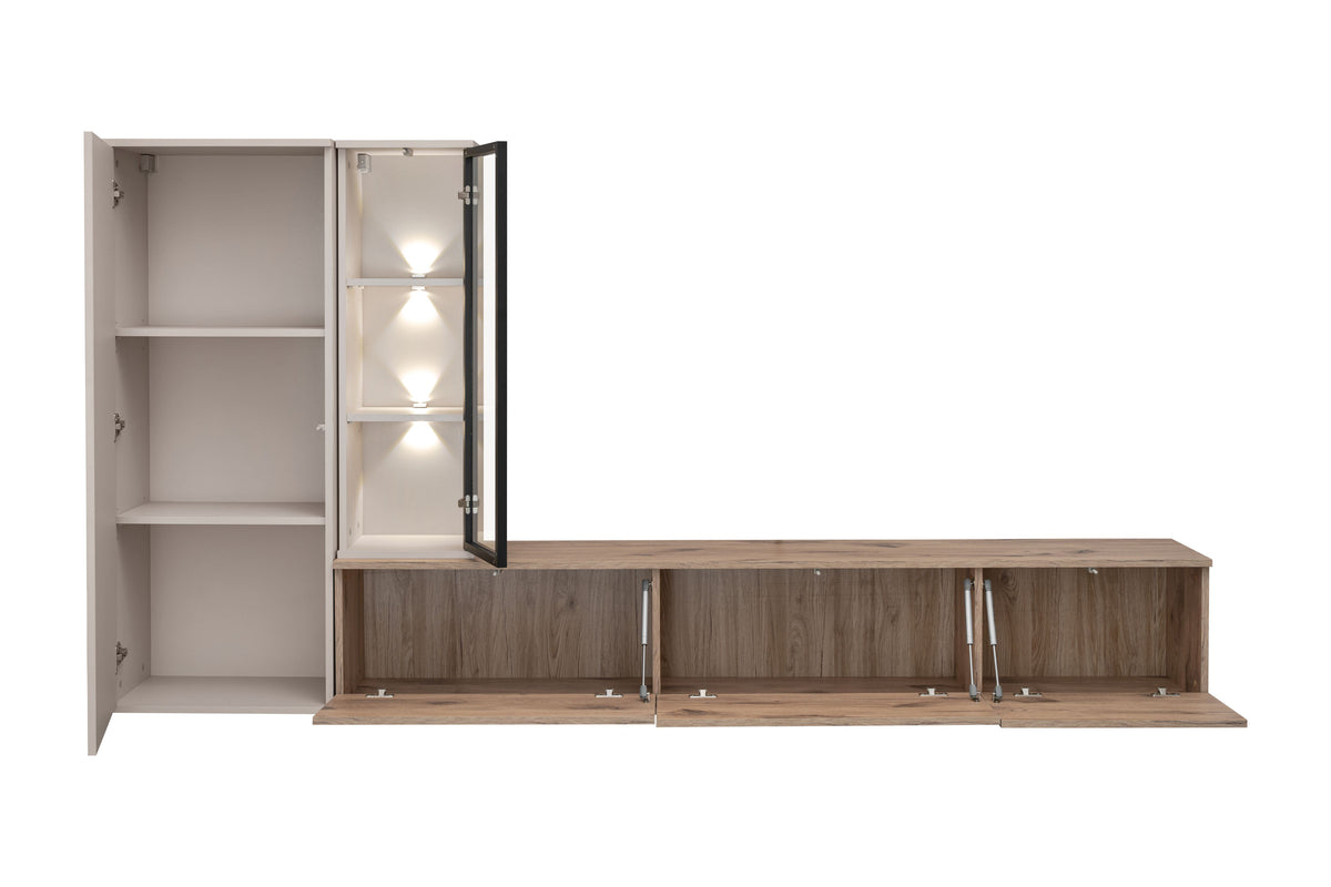 Open media wall unit showing interior shelves and pull-out base sections