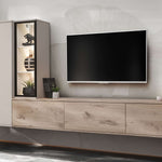 Wood media wall unit with TV console drawers and open display cabinet