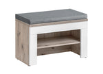 Entryway bench with grey cushion, white base storage, and oak-look sides