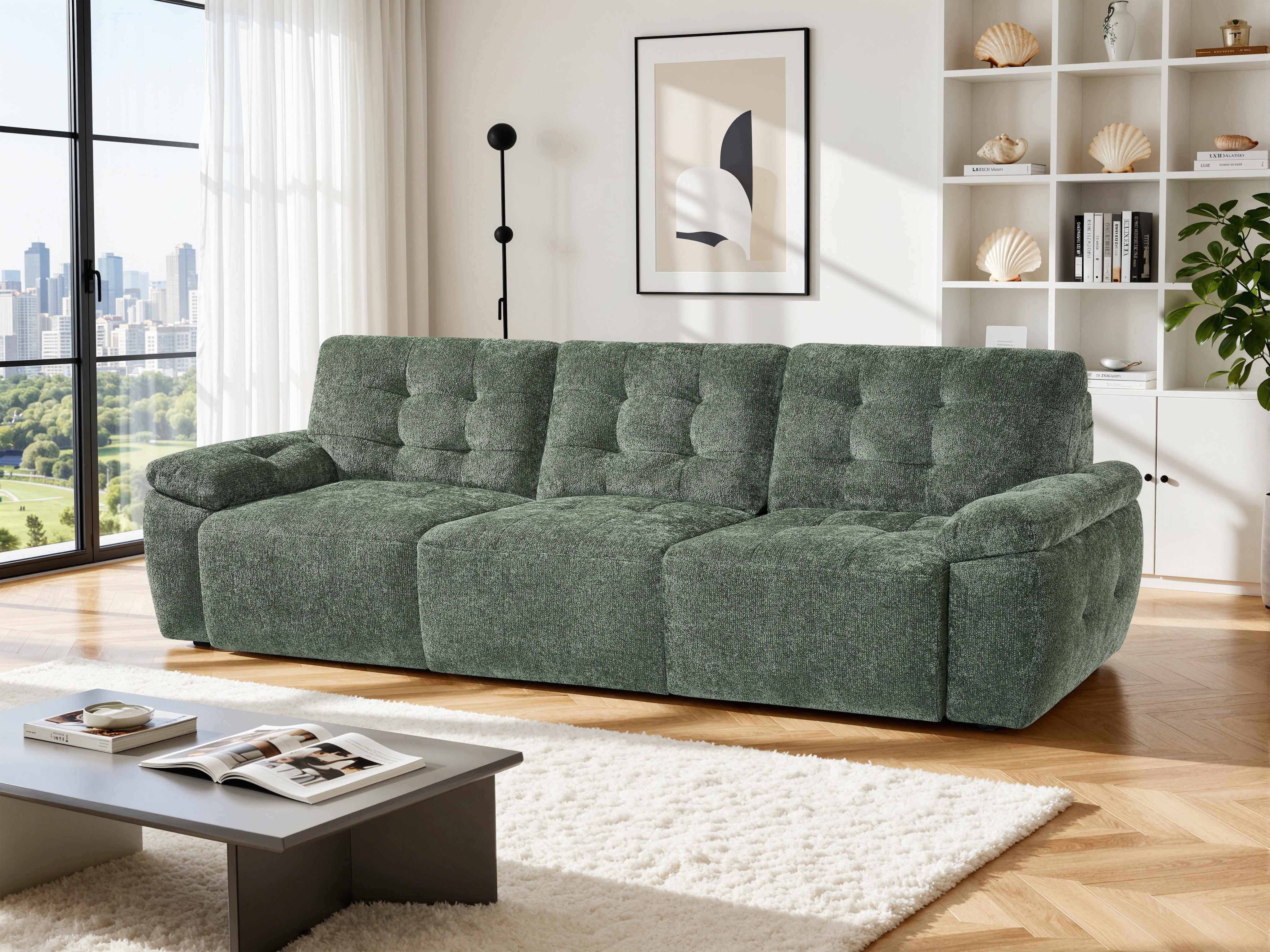 3-seater electric sofabed in green with tufted cushions and wide armrests