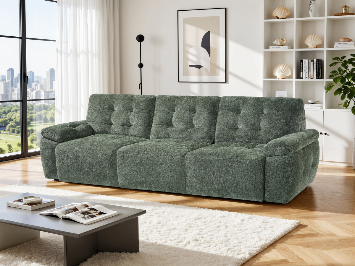 3-seater electric sofabed in green with tufted cushions and wide armrests