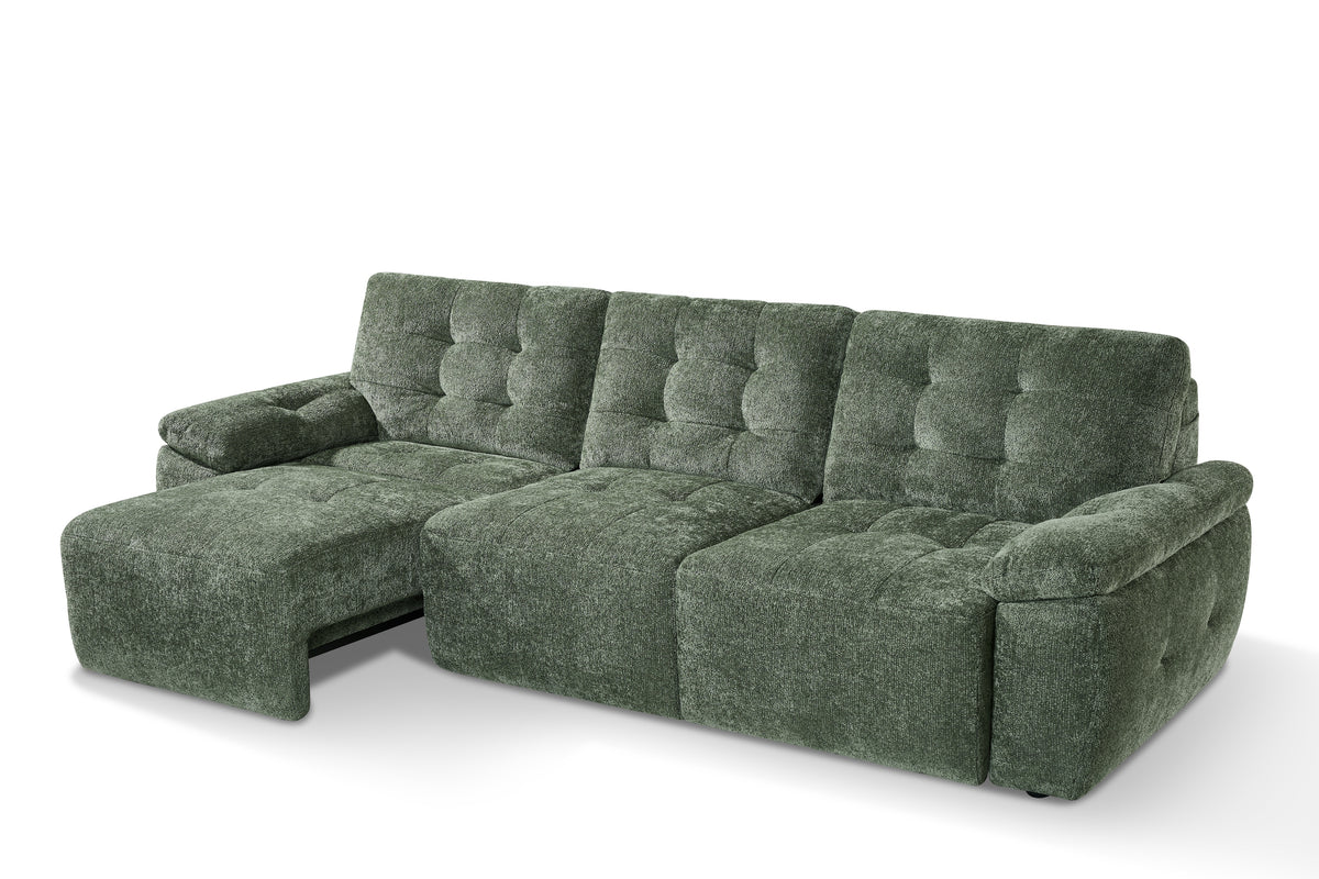 Green 3-seater electric sofabed with extended sleeper base and tufted panels