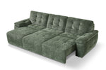Green 3-seater electric sofabed opened into a flat sleeping surface