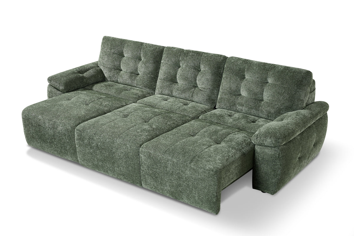 Green 3-seater electric sofabed opened into a flat sleeping surface