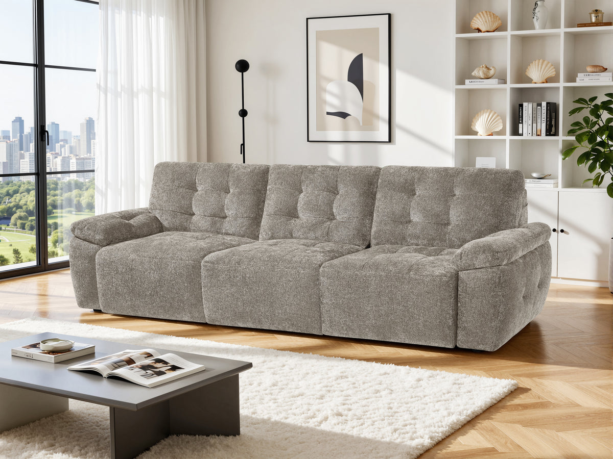 3-seater electric sofabed in grey with tufted cushions and wide armrests
