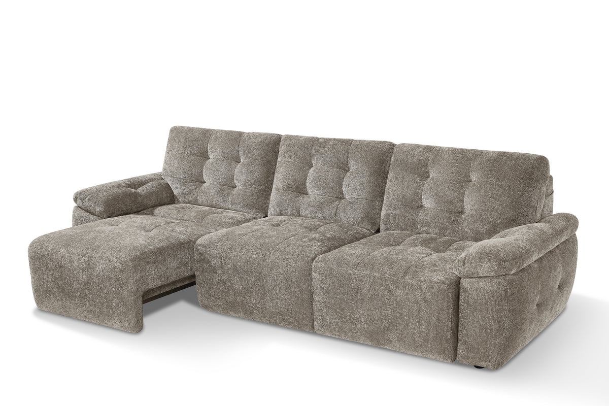 Grey 3-seater electric sofabed with extended sleeper base and tufted panels