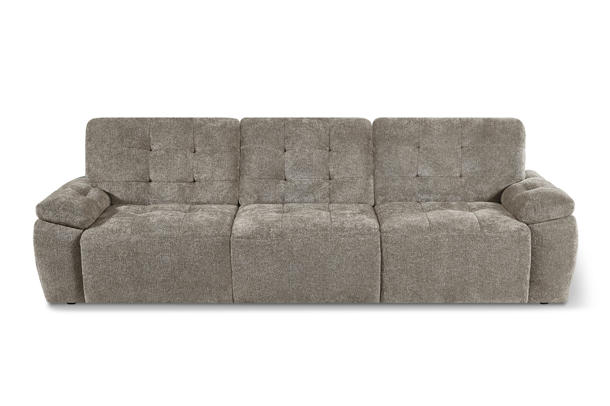 3-seater sofabed with grey fabric, tufted back cushions, wide seat and arms