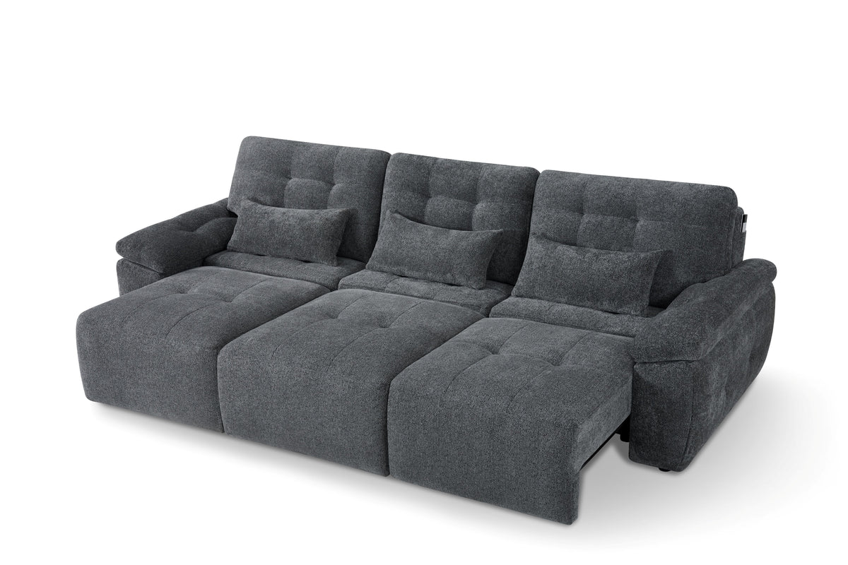 Grey 3-seater sofabed with tufted cushions, open bed position and extended chaise
