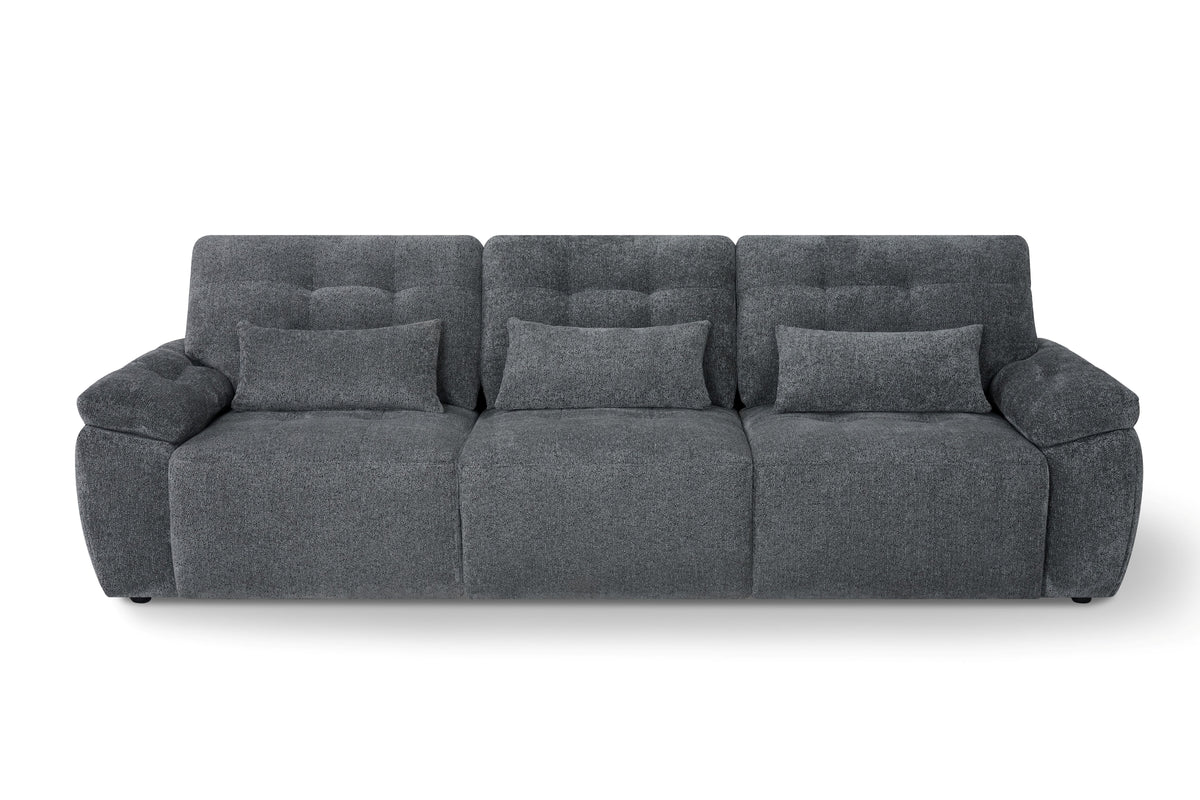 Grey 3-seater sofabed with tufted back cushions, padded arms, three seat sections