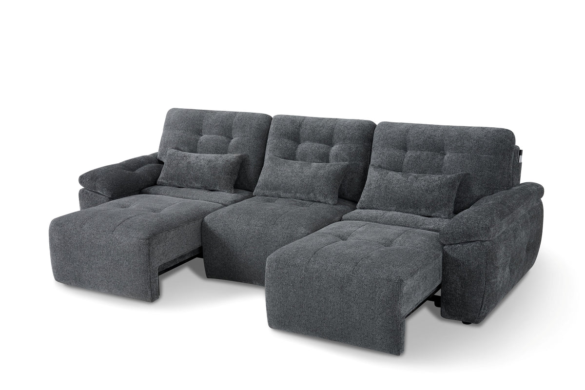 Dark grey 3-seater sofabed with tufted cushions, extended chaise and lower armrest