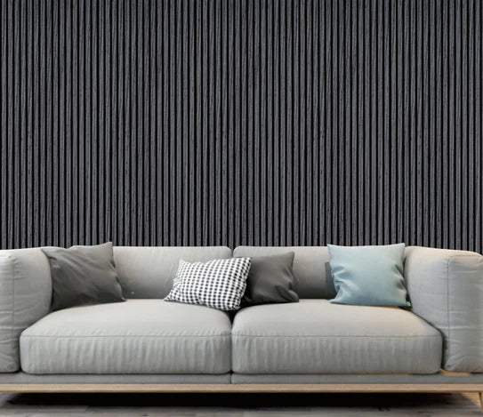 Dark grey acoustic wall panel with vertical ribbed texture pattern