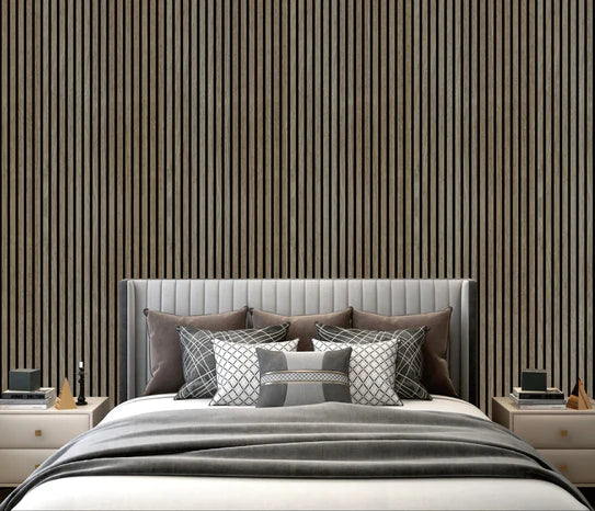 Dark oak acoustic wall panel with vertical slat design