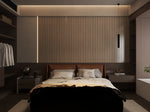 Vertical wood wall panel with seamless fluted slats in dark oak tone