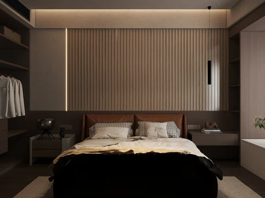 Vertical wood wall panel with seamless fluted slats in dark oak tone
