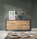 3-door sideboard with oak-effect panels, black frame, and zigzag patterned right doors.