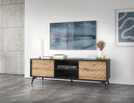 Low TV console with black frame, light wood panels, open center shelf, and 2 doors.