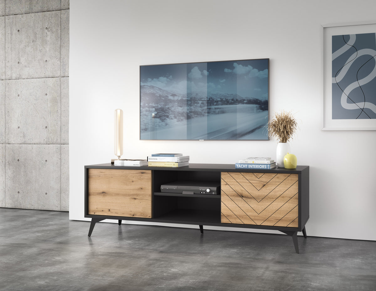 Low TV console with black frame, light wood panels, open center shelf, and 2 doors.